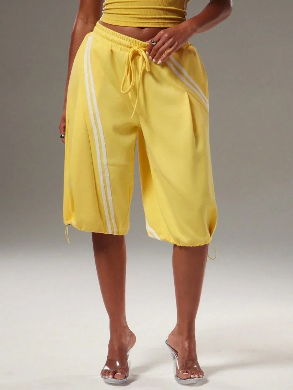 Yellow Casual Women's Shorts with Jogger Detail, Striped Tie-Elastic Waistband